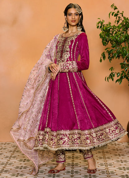 Deep Purple Embroidered Anarkali Style Palazzo Suit