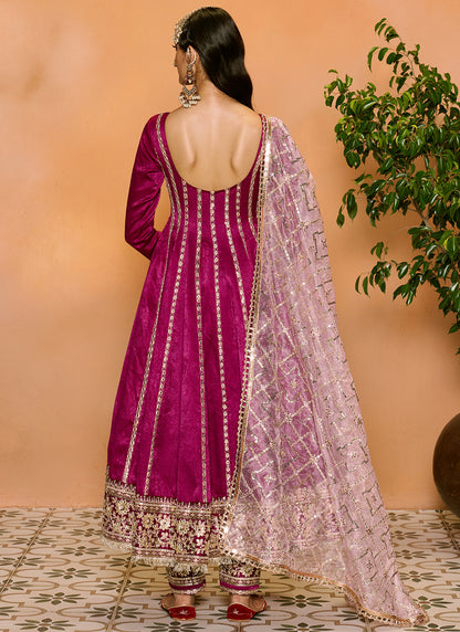 Deep Purple Embroidered Anarkali Style Palazzo Suit