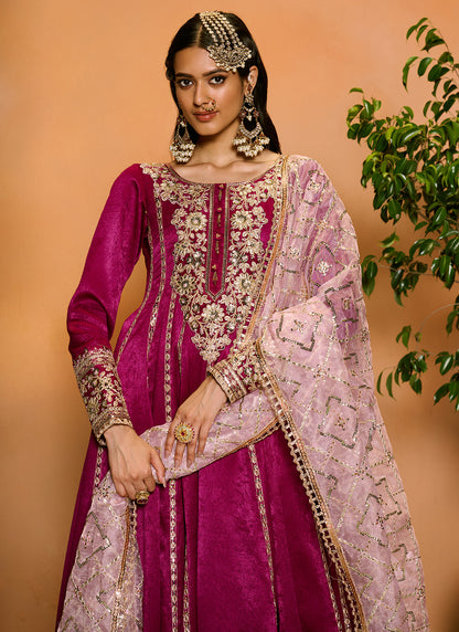 Deep Purple Embroidered Anarkali Style Palazzo Suit