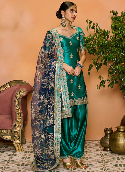 Teal Green Embroidered Patiala Suit