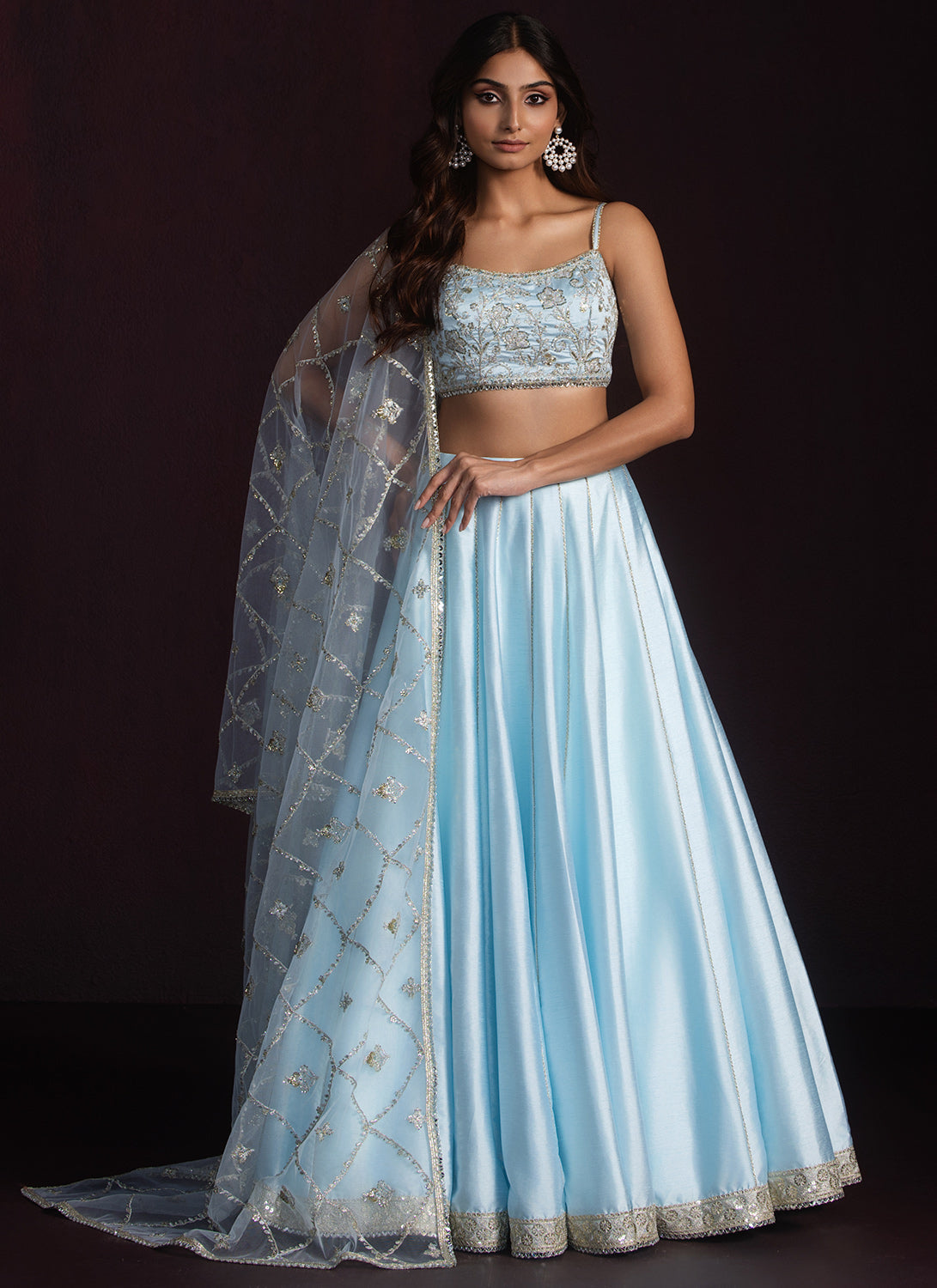 Sky Blue Embroidered Silk Lehenga