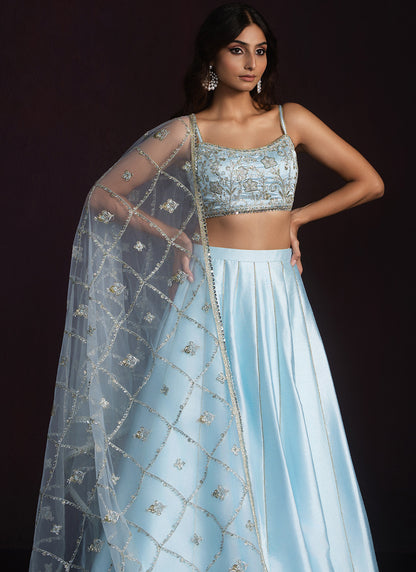 Sky Blue Embroidered Silk Lehenga