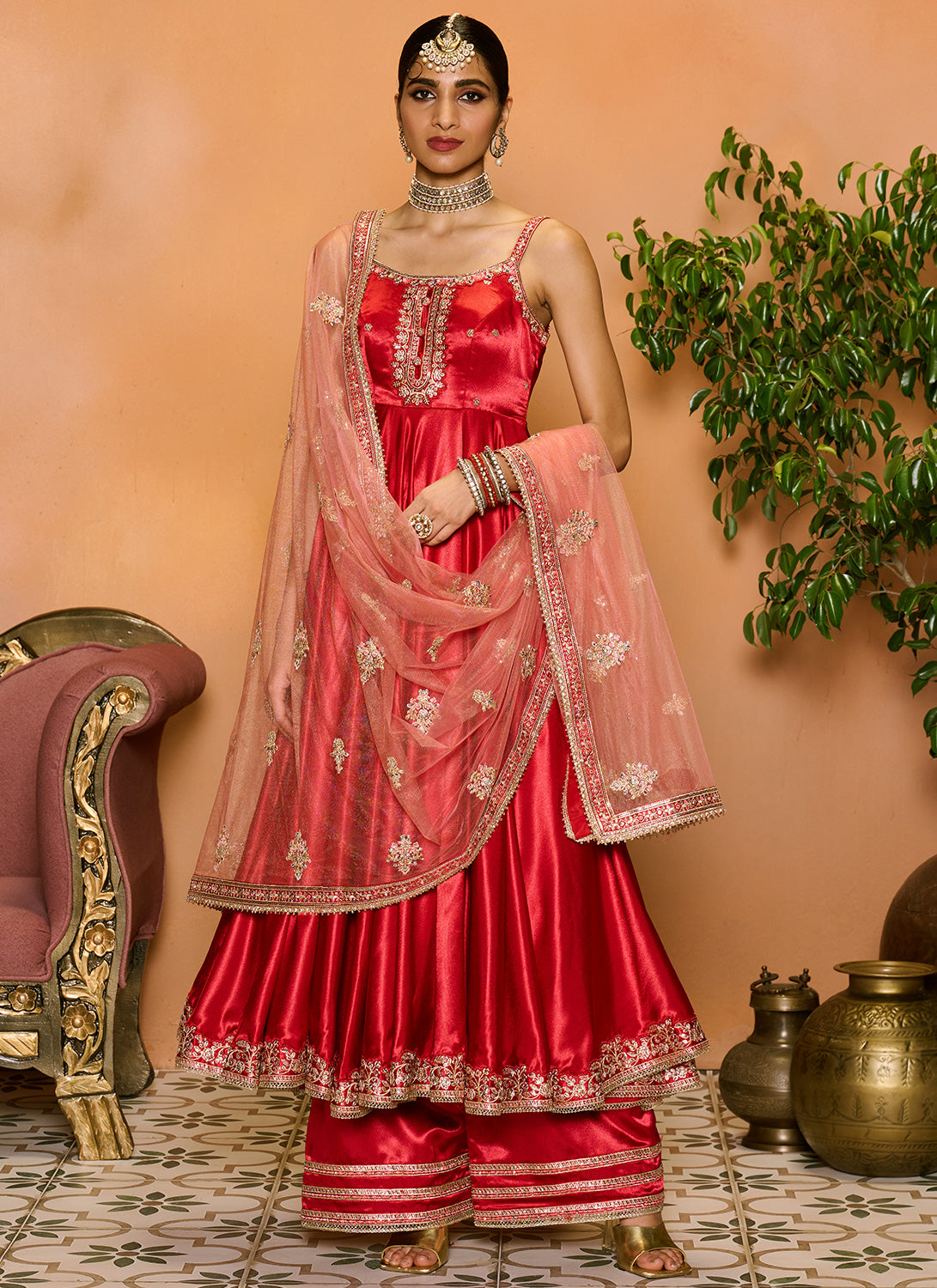 Red Embroidered Anarkali Style Palazzo