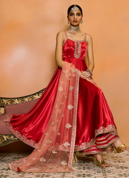 Red Embroidered Anarkali Style Palazzo