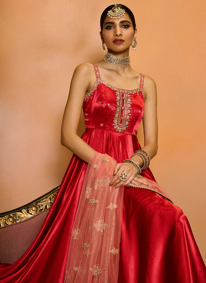 Red Embroidered Anarkali Style Palazzo