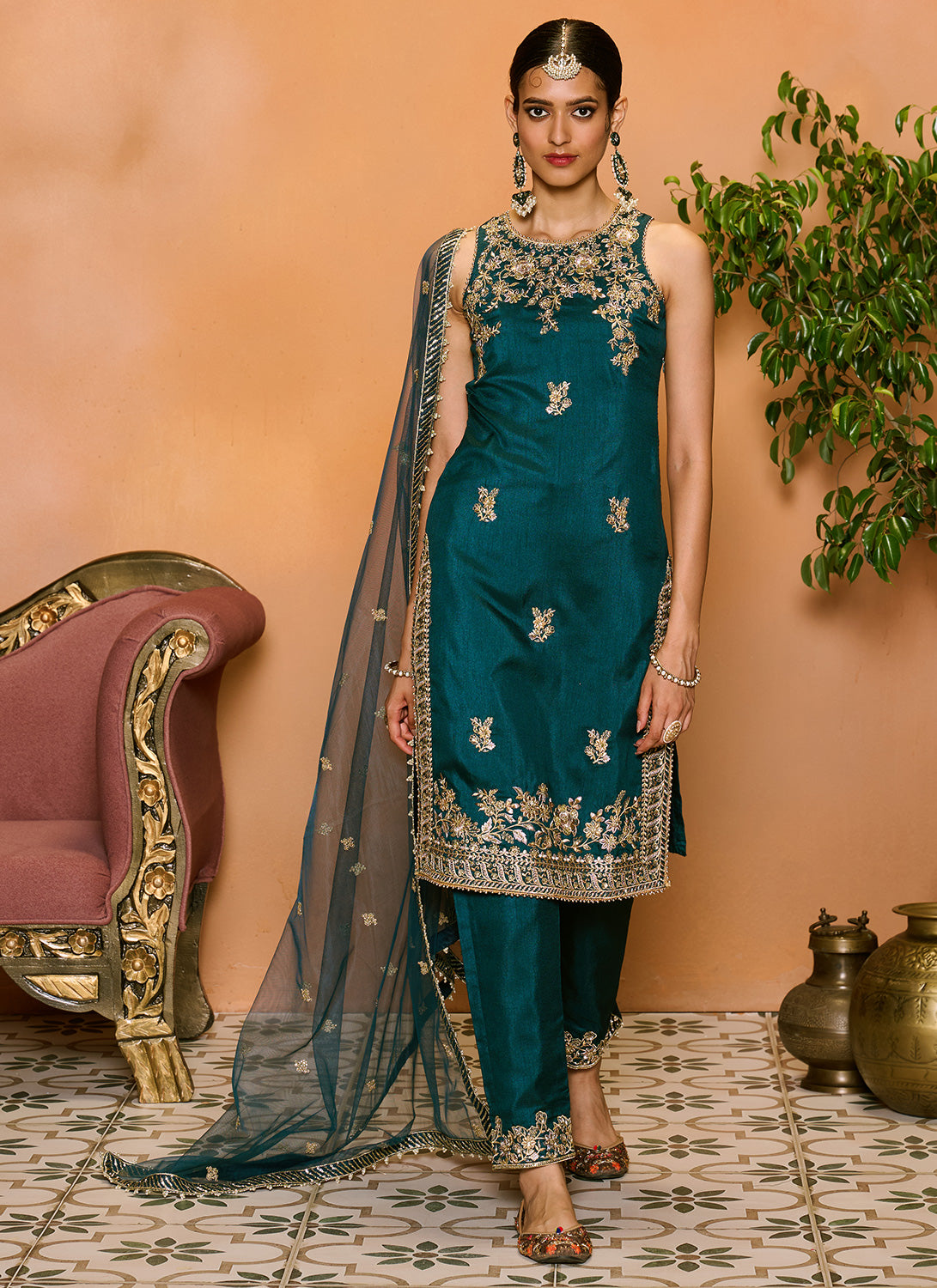 Teal Blue Embroidered Straight Suit