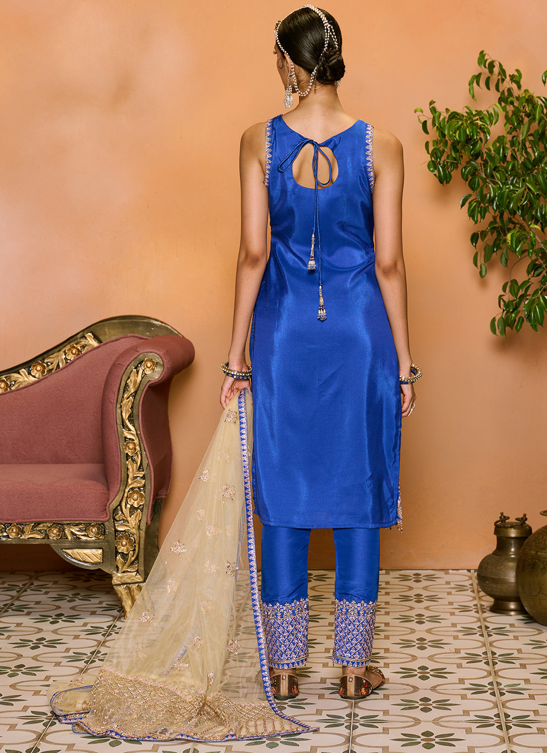 Royal Blue Embroidered Straight Suit