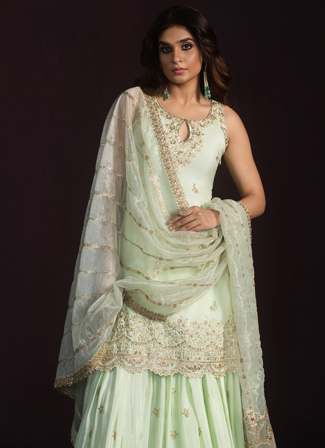 Mint Green Embroidered Crepe Silk Sharara