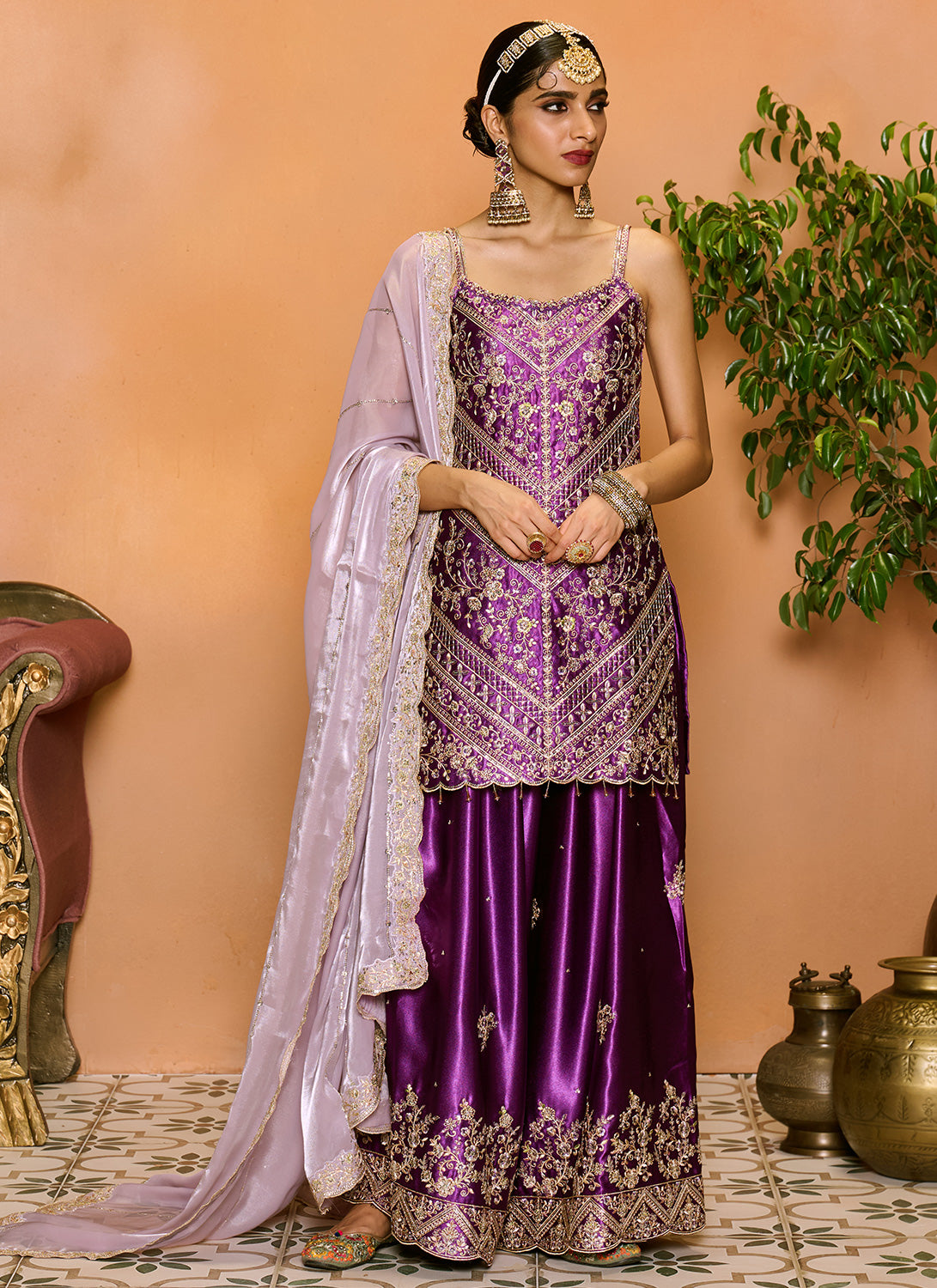 Purple Embroidered Sharara Suit