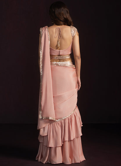 Dusty Peach Ruffled Chiffon Saree