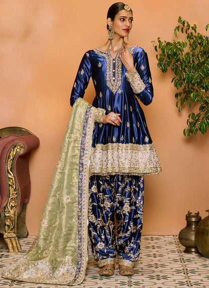 Blue and Light Green Embroidered Punjabi Suit