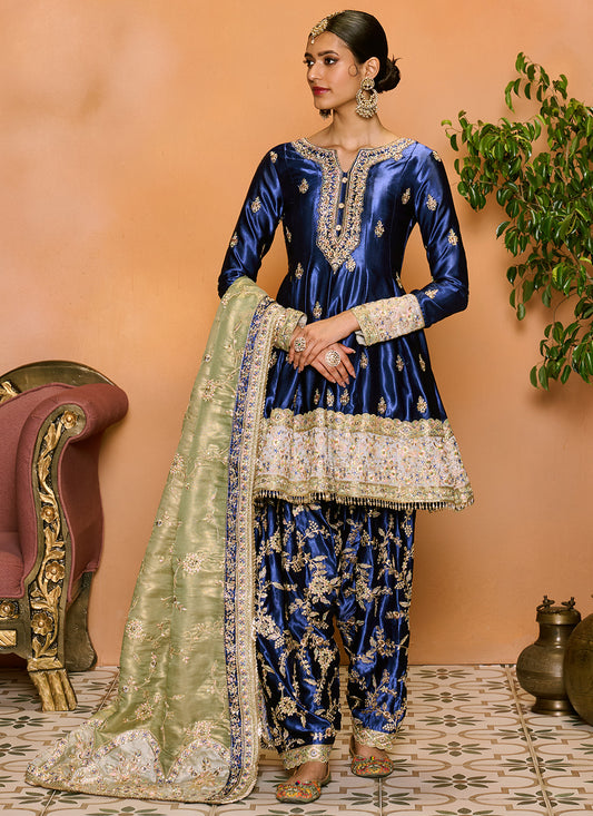Blue and Light Green Embroidered Punjabi Suit