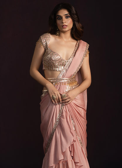 Dusty Peach Ruffled Chiffon Saree