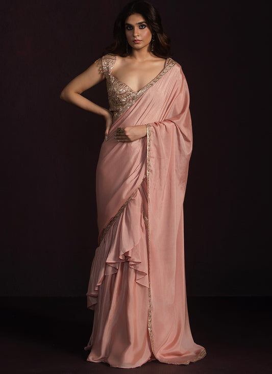 Dusty Peach Ruffled Chiffon Saree