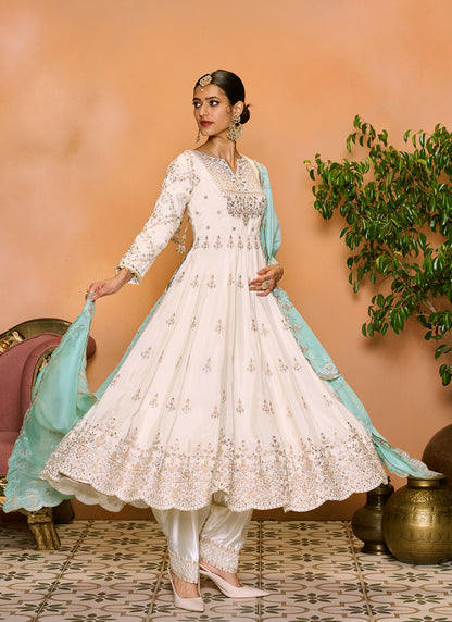 Off White Embroidered Anarkali Style Punjabi Suit