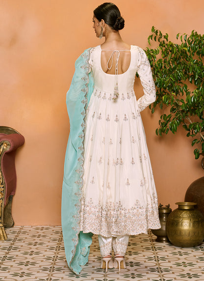 Off White Embroidered Anarkali Style Punjabi Suit