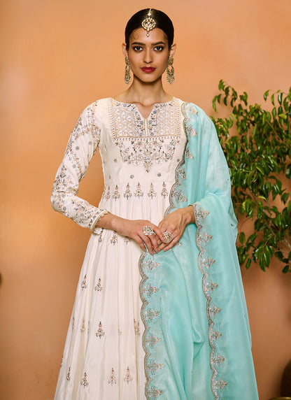 Off White Embroidered Anarkali Style Punjabi Suit