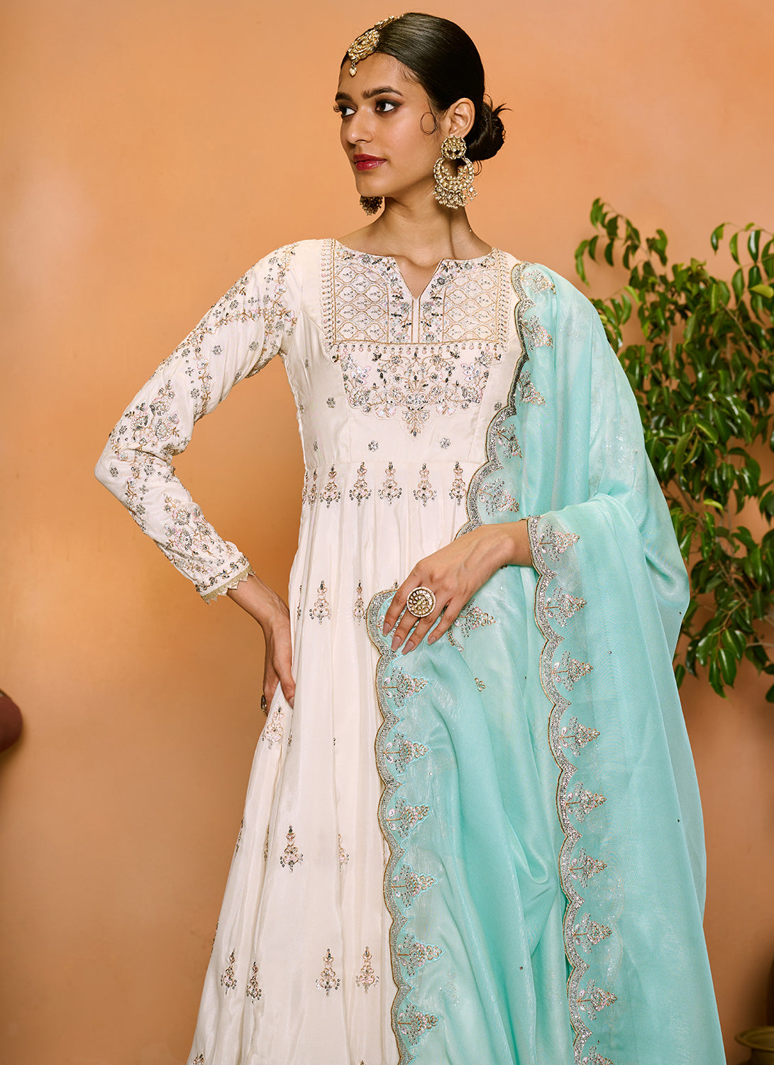 Off White Embroidered Anarkali Style Punjabi Suit