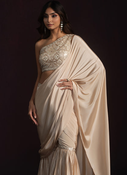 Beige Embroidered Gharara Style Saree