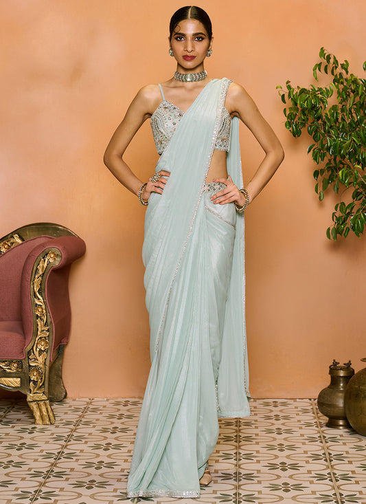 Dusty Mint Embroidered Georgette Saree