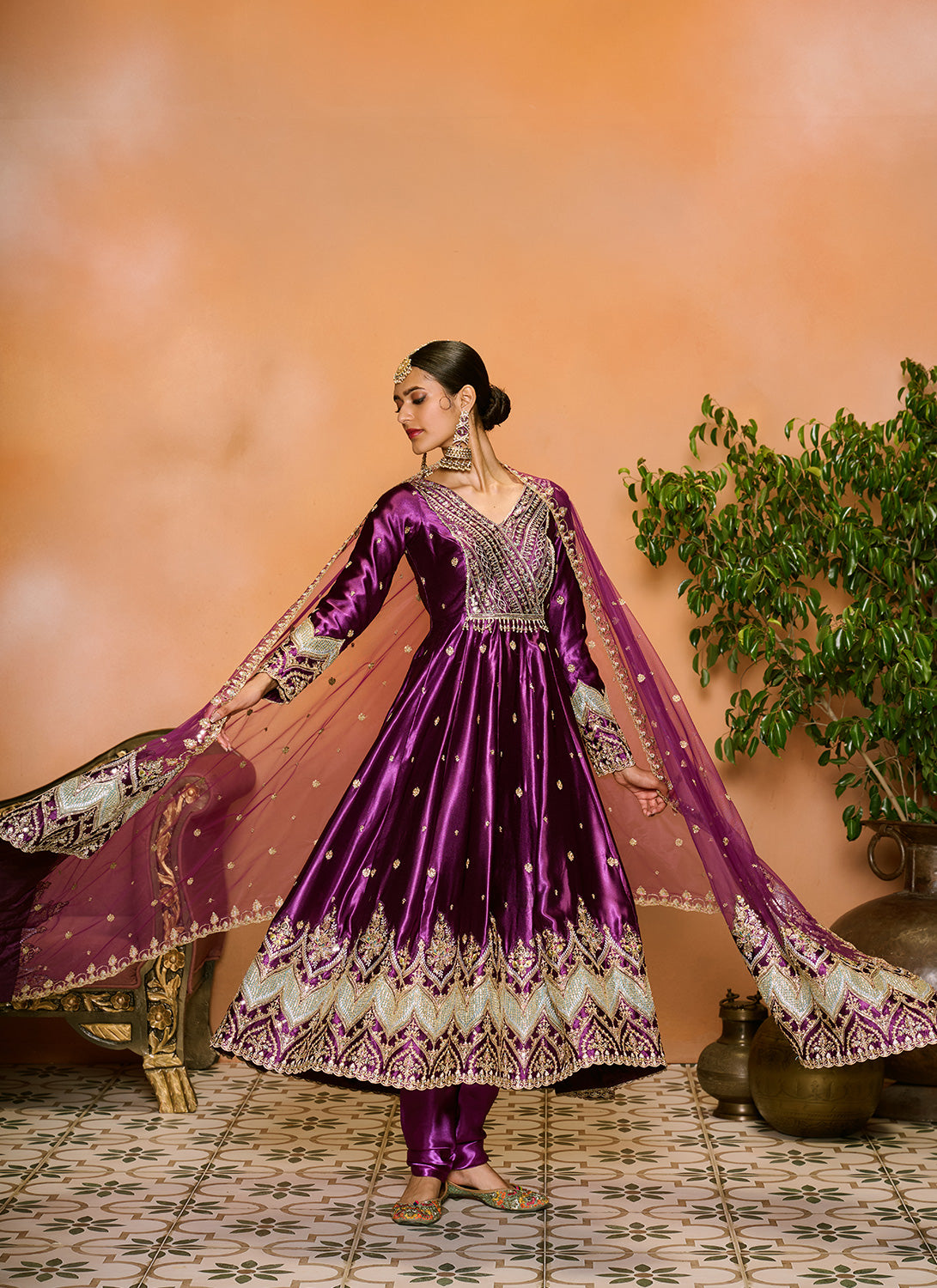 Purple Embroidered Satin Anarkali