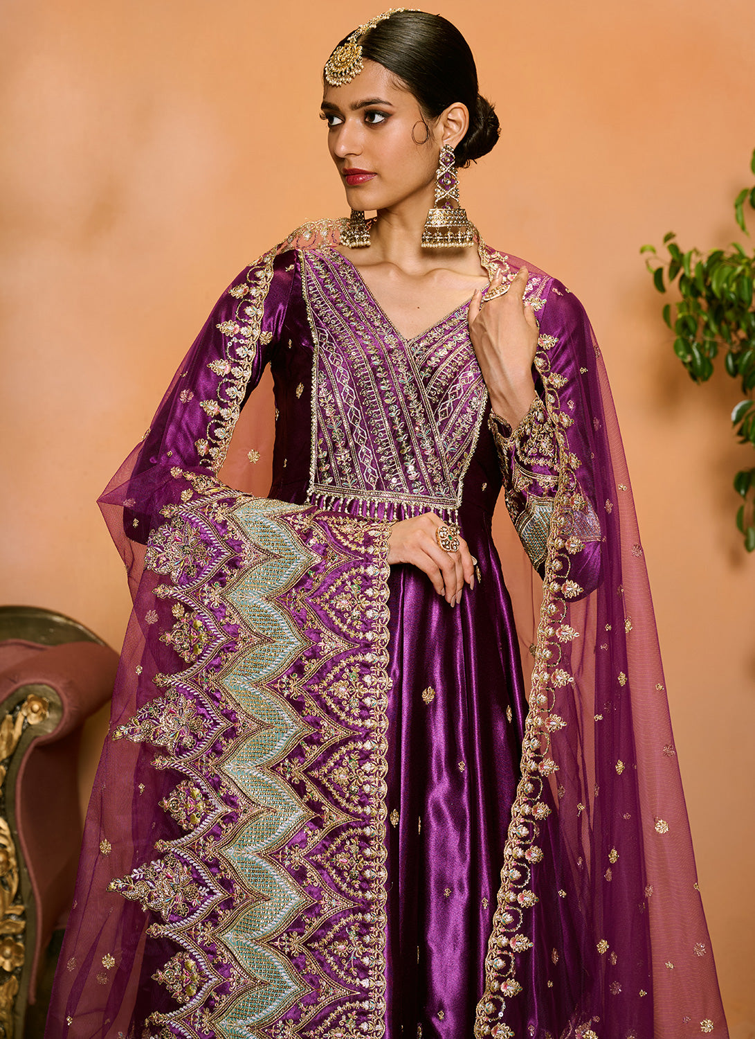 Purple Embroidered Satin Anarkali