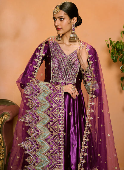 Purple Embroidered Satin Anarkali