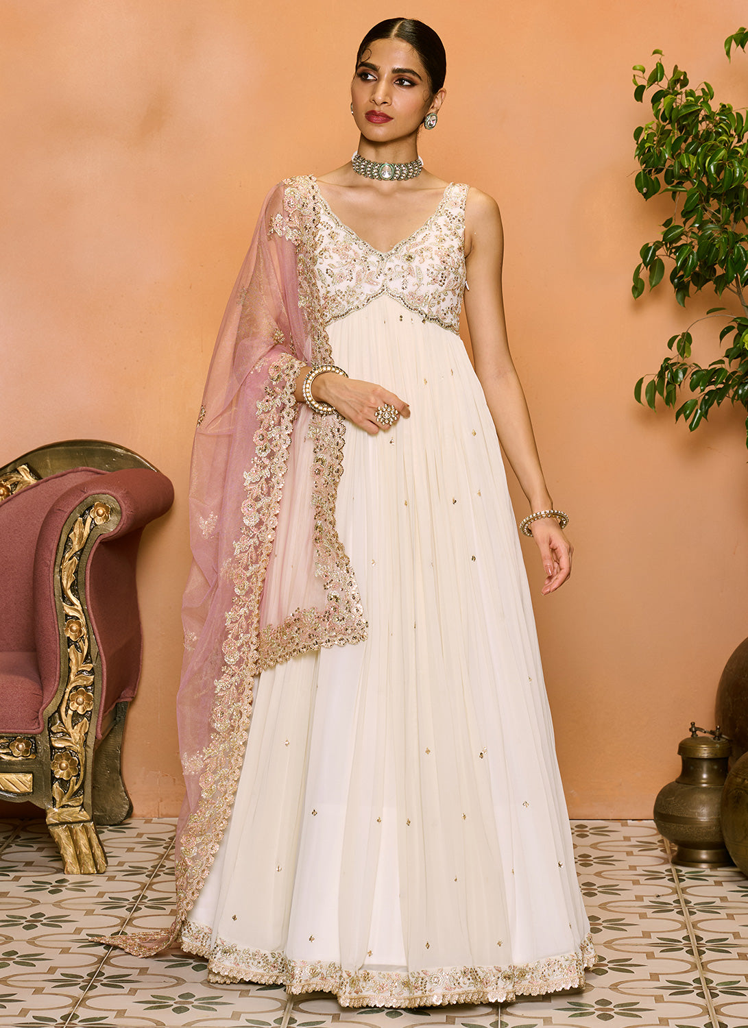 Off White and Light Pink Embroidered Anarkali