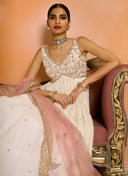 Off White and Light Pink Embroidered Anarkali