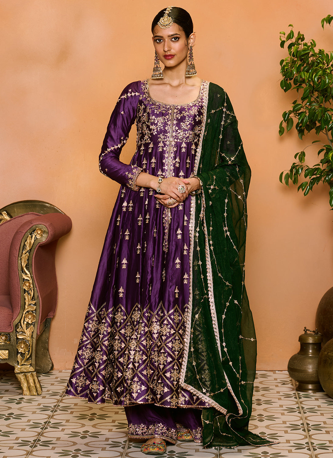 Purple and Green Embroidered Anarkali Palazzo Set