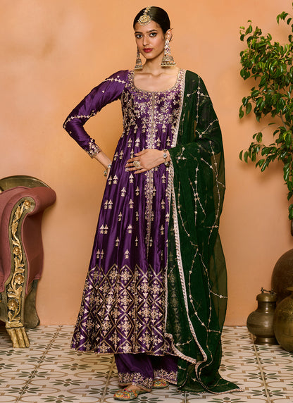 Purple and Green Embroidered Anarkali Palazzo Set