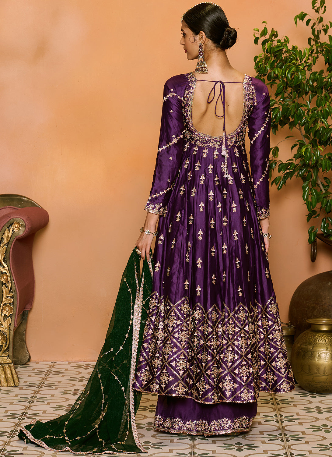 Purple and Green Embroidered Anarkali Palazzo Set