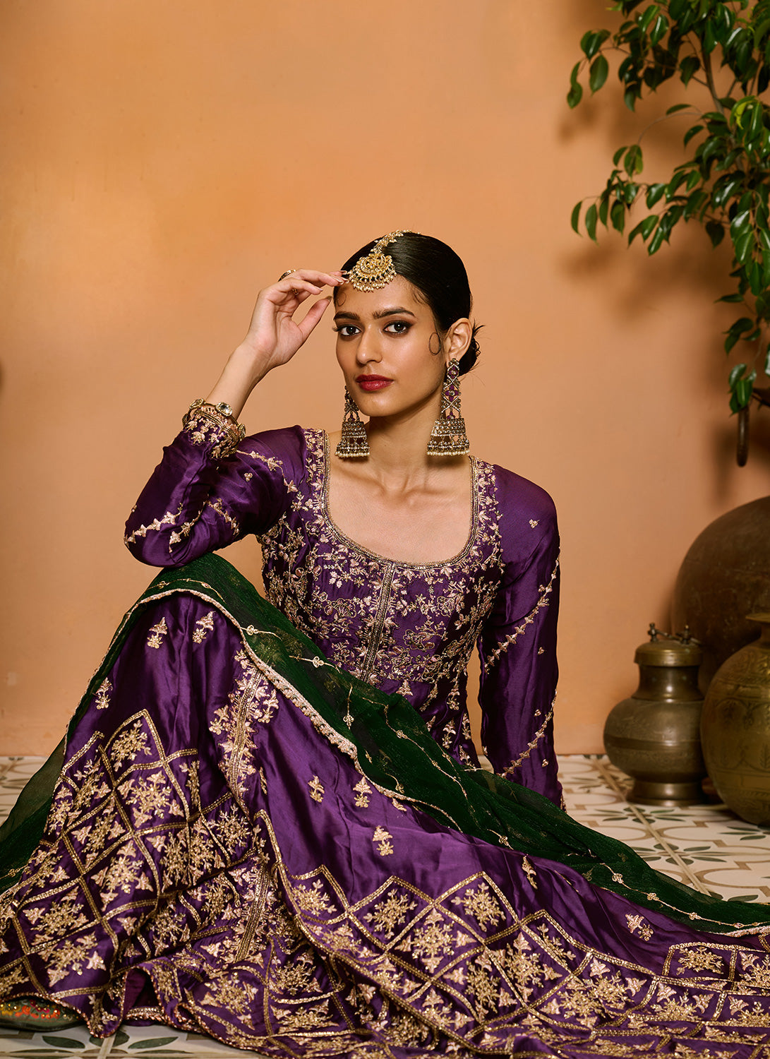 Purple and Green Embroidered Anarkali Palazzo Set