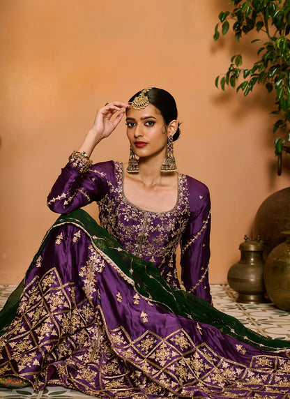 Purple and Green Embroidered Anarkali Palazzo Set