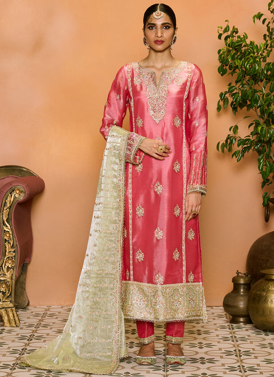 Pink and Light Green Embroidered Straight Suit