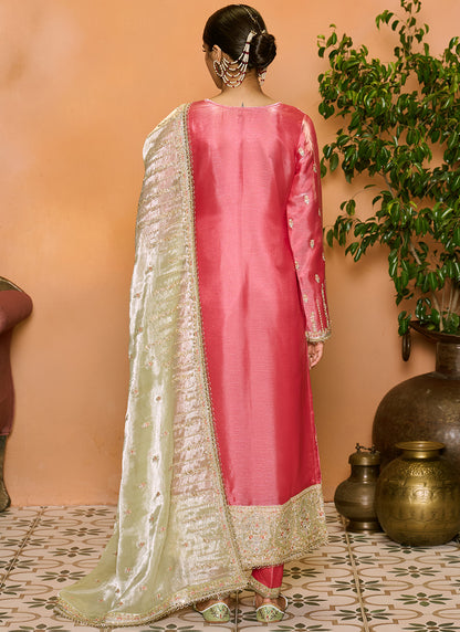 Pink and Light Green Embroidered Straight Suit