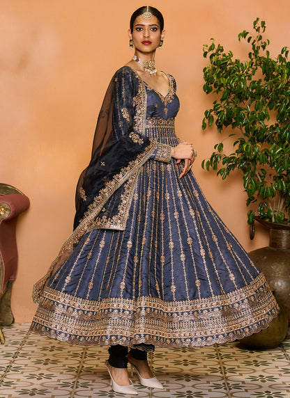 Navy Blue Embroidered Anarkali