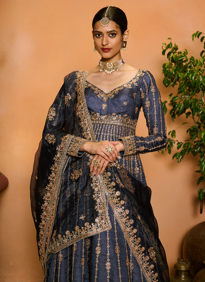 Navy Blue Embroidered Anarkali