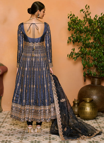 Navy Blue Embroidered Anarkali