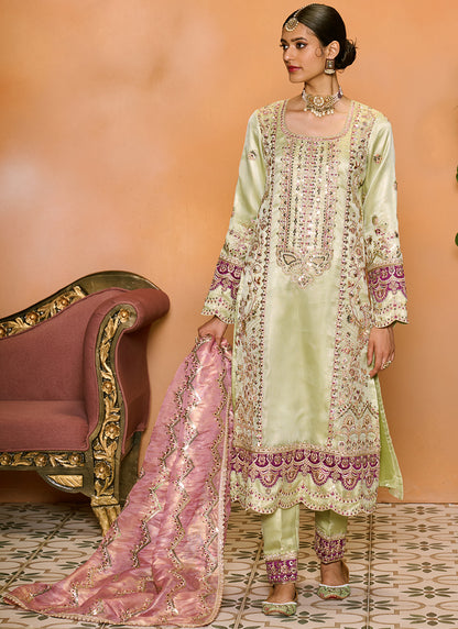 Light Green and Purple Embroidered Straight Suit