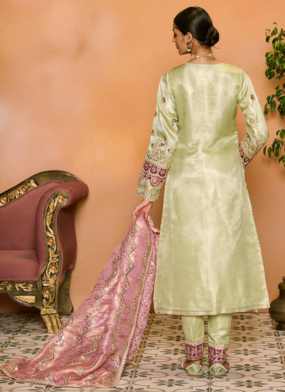 Light Green and Purple Embroidered Straight Suit