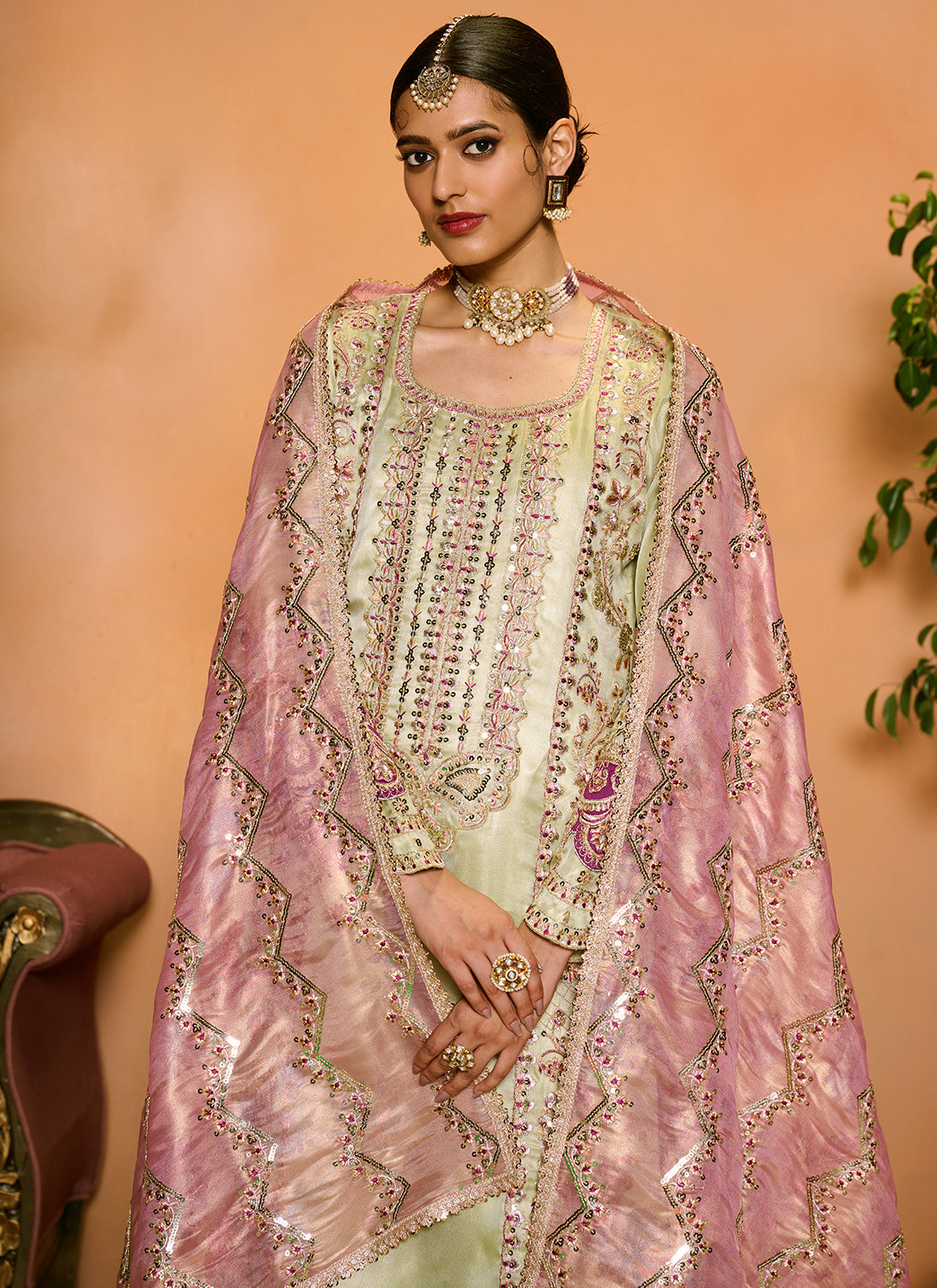 Light Green and Purple Embroidered Straight Suit