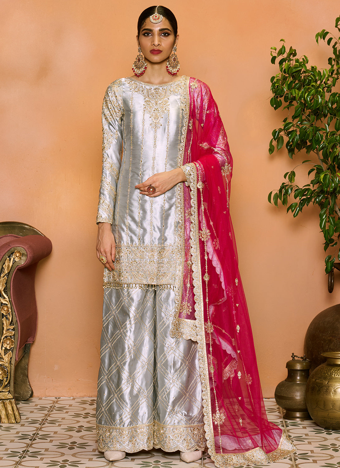 Grey and Pink Embroidered Sharara Suit