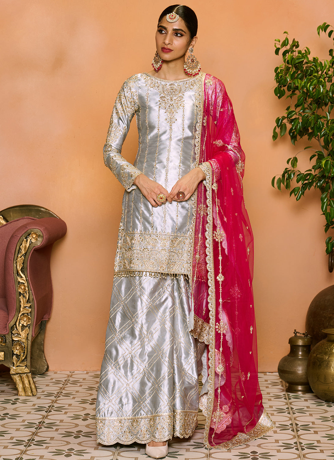 Grey and Pink Embroidered Sharara Suit