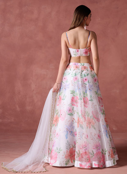 Off White Multicolor Floral Printed Lehenga