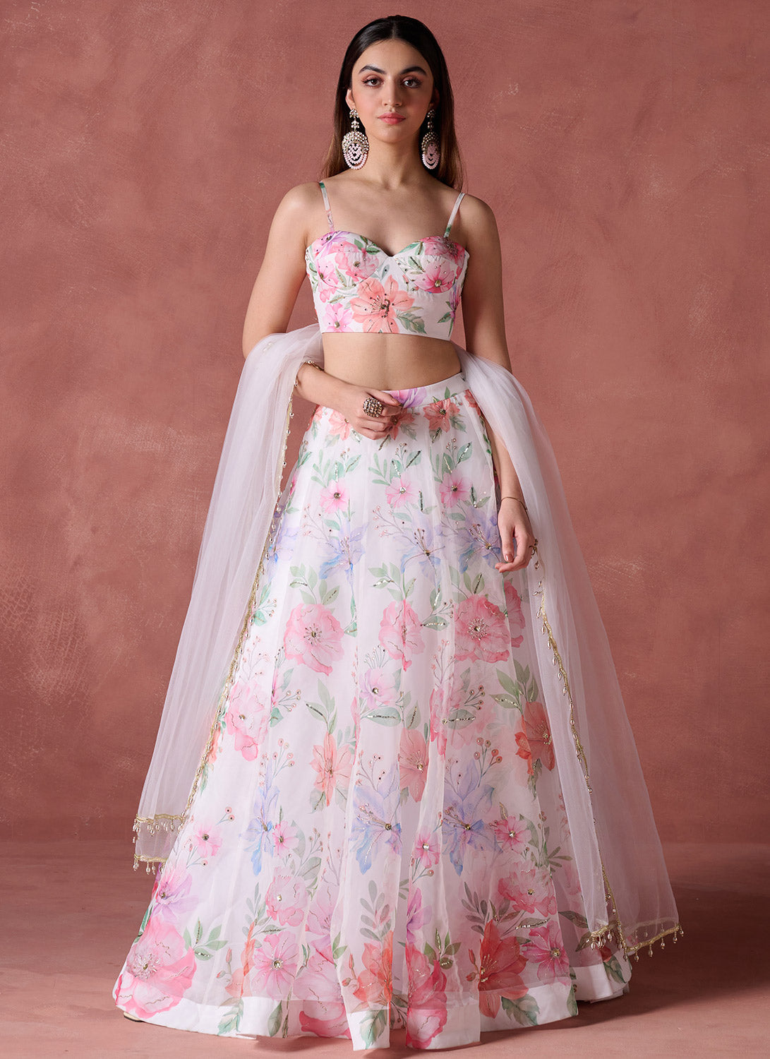 Off White Multicolor Floral Printed Lehenga