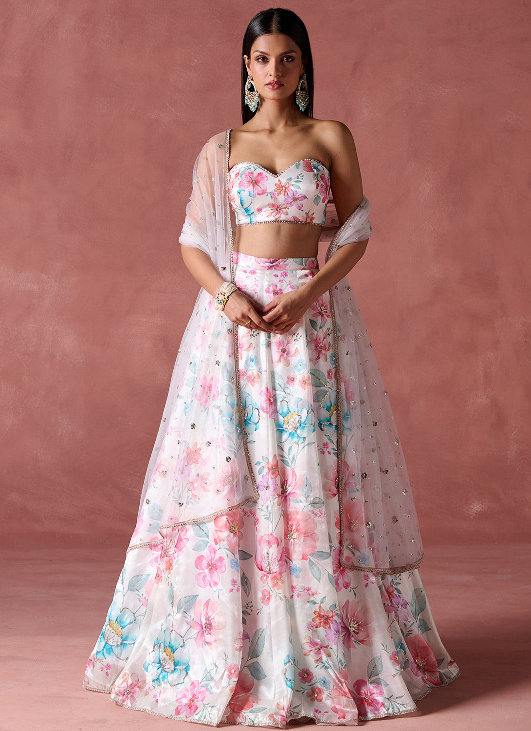 White Multicolor Floral Strapless Crepe Lehenga