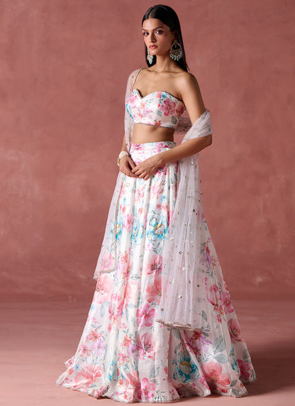 Off White Multicolor Floral Strapless Lehenga