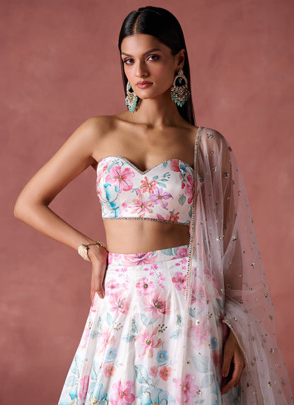 Off White Multicolor Floral Strapless Lehenga