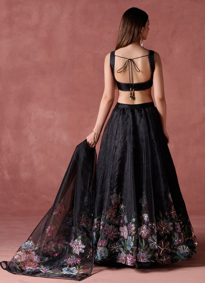 Black Multicolor Floral Printed Lehenga